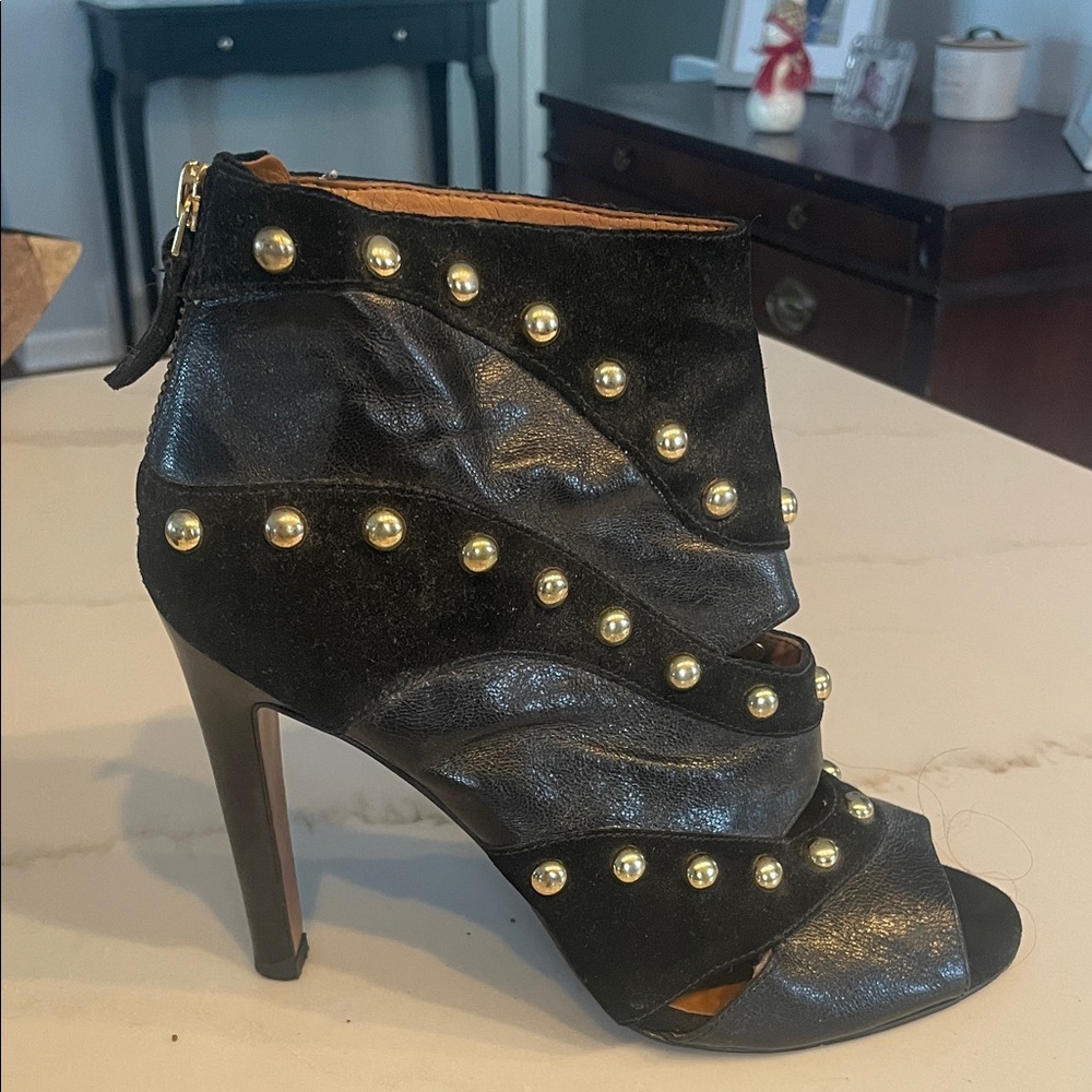 Black leather/suede and Gold Studded Heeled open toe booties